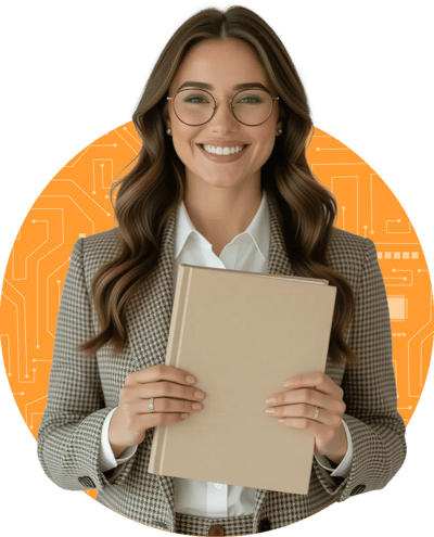teacher holding text book in orange tech circle