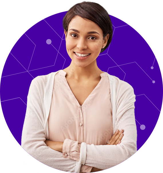 teacher with arms crossed inside circle