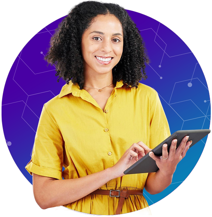 Teacher with tech circle background Teacher with tech circle background