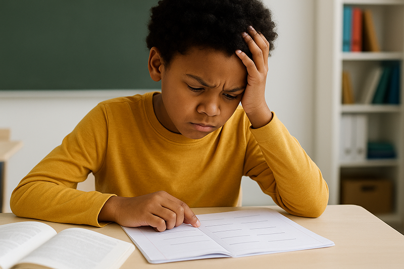 frustrated student looking at test book