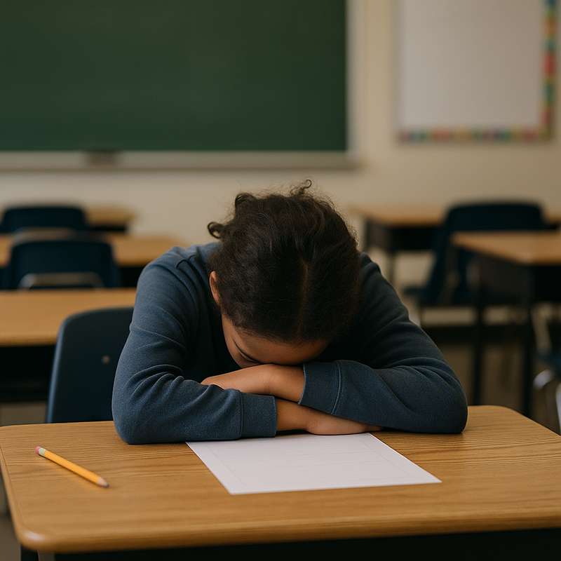 student at desk with head lowered
