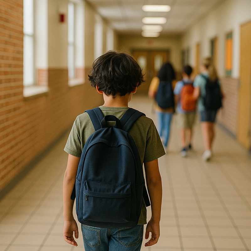 student walking down hallway alone