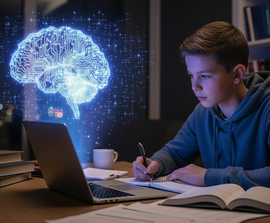 student with device and AI brain