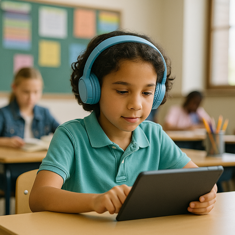 student with headphones learning